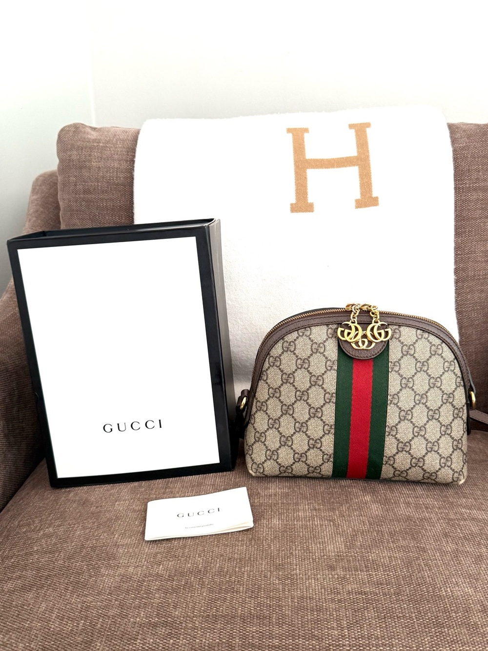 Authentic Gucci Ophedia dome crossbody bag brown GG monogram supreme canvas